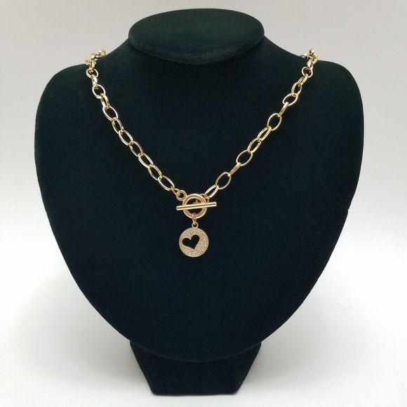 Y2K Gold Tone Chunky Chain Necklace T Bar Toggle Rhinestone Heart Charm - Picture 1 of 7